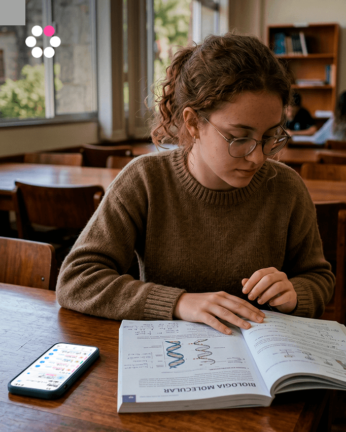 Student at a desk with open textbook, phone face-down running a Session