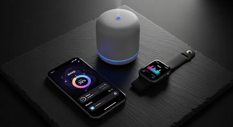 SomniCue ecosystem — Phone, Smart Watch, and diffuser